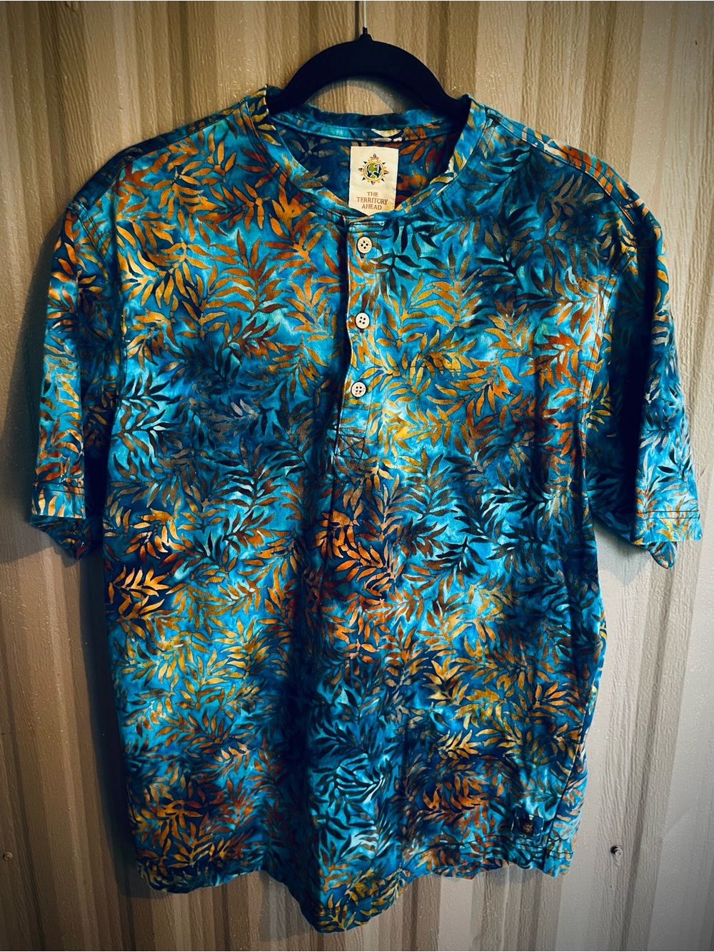 The Territory Ahead Mens Henley T-Shirt Teal Blue-brown Batik Palm Leaf Crew M